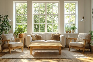 Minimalist, a japandi-style interior photo of a bright living room with a sofa and a wooden table in view. Generative AI
