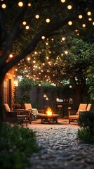 A cozy outdoor seating area with comfortable chairs, surrounded by lush greenery and an inviting fire pit under the glow of fairy lights