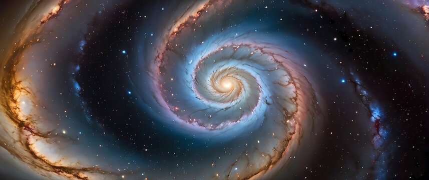 Majestic spiral galaxy viewed from an angle its luminous core radiating golden light surrounded by vast swirling arms speckled with millions of stars and colorful gas clouds. 