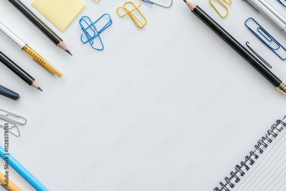 Aufkleber office supplies like pens, pencils, and sticky notes are neatly arranged on a clean workspace with c