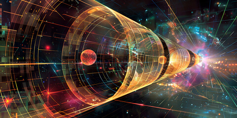 A swirling vortex of cosmic energy and light draws a planet towards a glowing singularity, representing the immense power of a black hole.