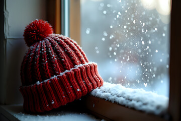 Cozy Red Knit Hat with Pom-pom Against Snowy Winter Window