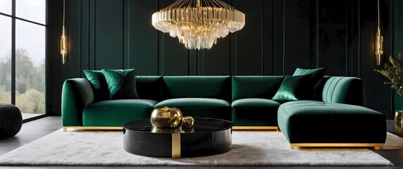 Plush oversized corner sofa in dark emerald green resting against a matte black accent wall with vertical paneling paired with gold pendant lighting and a shaggy white rug. 