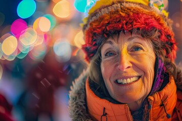 Portrait of a smiling woman in her 50s dressed in a warm ski hat in front of lively concert crowd background