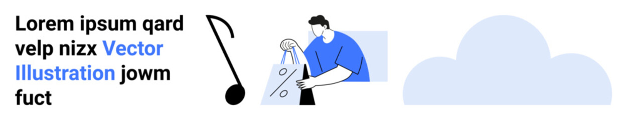 Man in blue shirt working on a project with geometric elements, text placeholder, musical note, and abstract cloud illustration. Ideal for design, creativity, technology, content creation, cloud