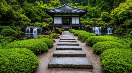 Obraz premium Serene Japanese Garden Pathway with Stone Steps Leading to Traditional Pavilion Surrounded by Lush Greenery and Tranquil Waterfalls