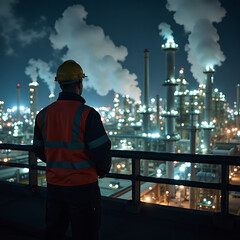 Petroleum Refinery Night Operations: Worker in Safety Gear Monitoring Processes