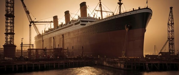 Sepia oilpainting of Titanic under construction at Belfast shipyard its grand frame dominating the scene scaffolding and cranes detailed against a muted sepia dawn. 