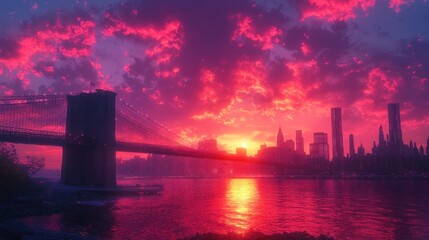 Vibrant pink sunset over city skyline and bridge.