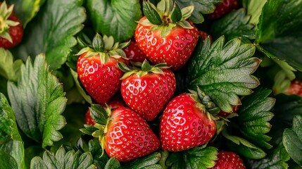 Fresh and Juicy Strawberries Surrounded by Lush Green Leaves in a Natural Setting Showcasing Vibrant Red Fruit Ready for Harvest or Consumption