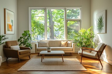 Fototapeta premium Minimalist, mid century modern interiors in the living room of a house with windows visible and sofa and cafe table. Generative AI 