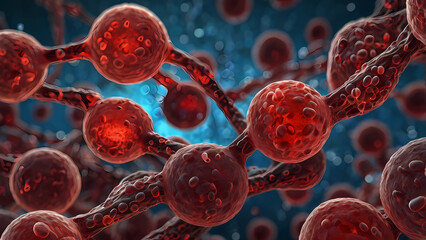 Microscopic Red Yeast Cells: A close-up, intricate 3D illustration of red yeast cells, showcasing their intricate structure and vibrant color.