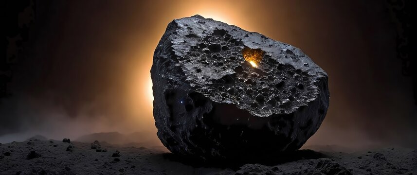 Tight view of a piece of a carbonaceous chondrite meteorite its dark matte surface interspersed with flecks of silicates and organic compounds under soft ambient lighting.