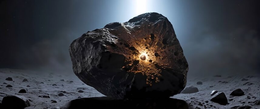 Tight view of a piece of a carbonaceous chondrite meteorite its dark matte surface interspersed with flecks of silicates and organic compounds under soft ambient lighting.