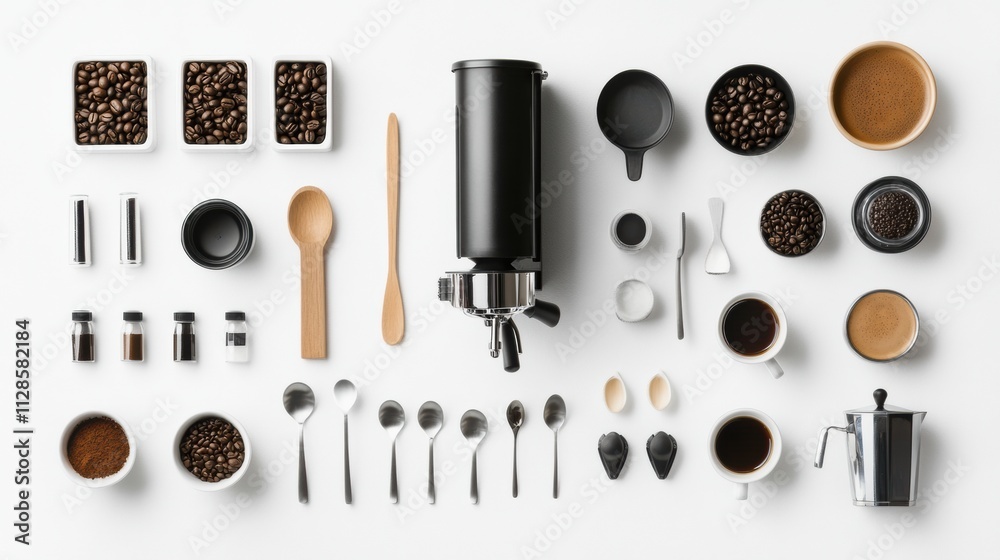 Aufkleber detailed flat lay arrangement featuring coffee beans, cups, spoons, and a coffee maker with ample co