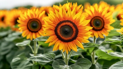 Obraz premium Vibrant Sunflowers Blooming in a Lush Field Under a Clear Sky, Showcasing Their Bright Yellow Petals and Green Leaves in Full Glory