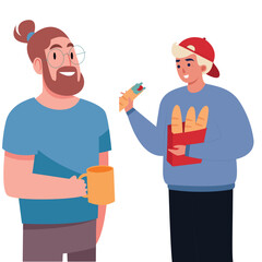 Illustration two adult men were chatting and bringing each other food
