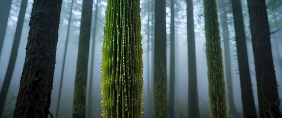 View of an enormous horsetail plant stem its segmented structure gleaming with moisture set against a background of towering primitive trees and dense fog