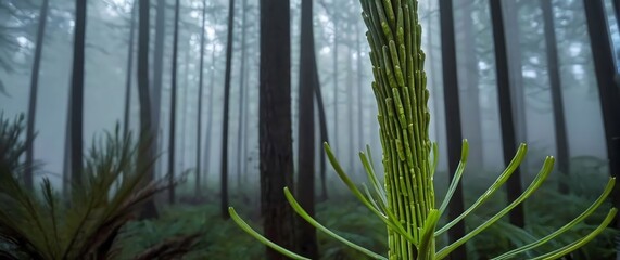 View of an enormous horsetail plant stem its segmented structure gleaming with moisture set against a background of towering primitive trees and dense fog