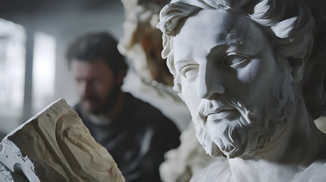 A marble statue mid-process with chisel marks visible and a sculptor in the background.