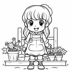 Coloring page kawaii anime manga a little girl gardening with some plants on the pots surround her. Coloring sheet for adult, teens, and kids. Coloring page with gardening theme. 