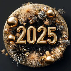 2025 New Year Celebration,  luxurious representation of the year 2025, prominently featuring golden and silver decorations along with sparkling fireworks. The number "2025" 