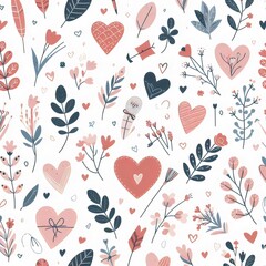 Wallpaper, seamless background with hearts and floral elements.
