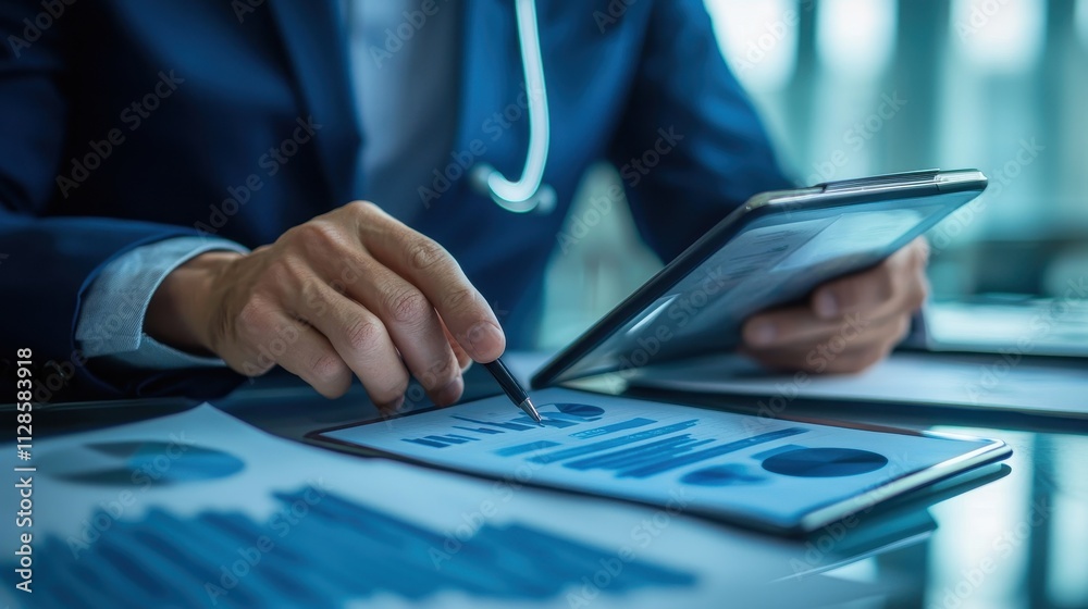 Poster healthcare professionals collaborating and analyzing data using predictive analytics in a modern off
