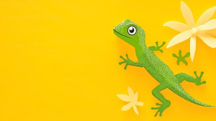 Fototapeta premium Green lizard is on a yellow background. The lizard is looking up at the camera. The background is yellow and has a flower on it