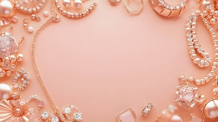 A pale peach background surrounded by jewelry items like bracelets necklaces and rings creating a radiant frame around the blank middle.