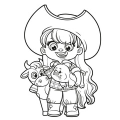 Cute cartoon long haired farmer girl with toy pig and cow outlined for coloring page on white background