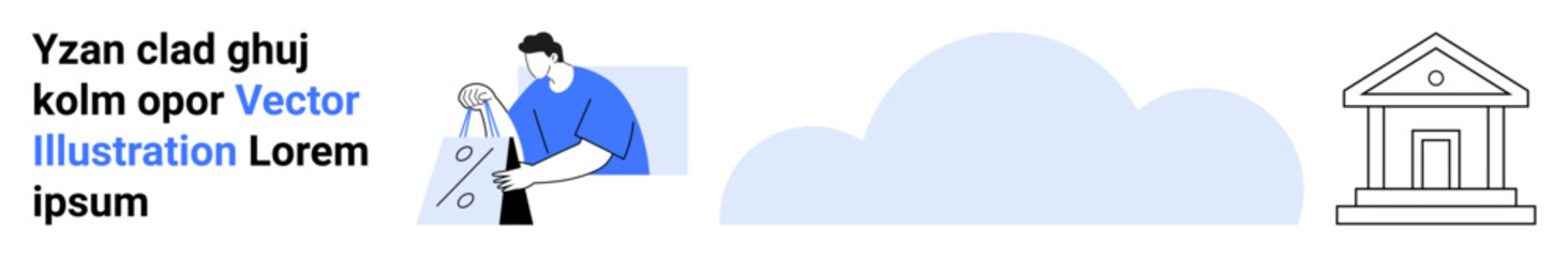 Person holding a report with a large pie chart slice. Includes a bank building and cloud icon. Ideal for finance, banking, cloud storage, data analysis, consulting, financial planning, presentations