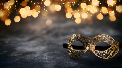 Colorful venetian mask golden glitter on black bokeh background. Mardi Gras, Purim traditional masquerade party concept. Mystery carnival backdrop for design card, banner
