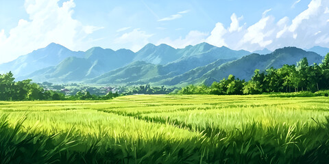 Fototapeta premium Lush Green Field with Trees, Mountains, and Clear Blue Sky