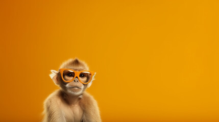 Fototapeta premium Barbary macaque with orange glasses, cropped in front of orange background, Generative AI