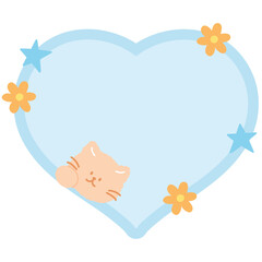 Cute illustration of cat, stars, flowers and pastel blue heart shaped blank space for insert text, message, name tag, text bubble, sticker, animal, pet shop, memo note, sticky note, notepads, paper