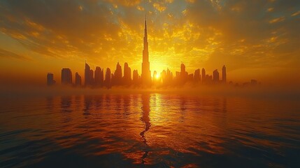 Fototapeta premium Dramatic sunset silhouette of a modern city skyline over calm water.