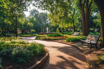 Obraz premium Serene pathway winding through a sun-dappled park garden capturing the vibrant flora calm atmosphere and tranquil vistas of nature’s beauty in a scenic outdoor environment