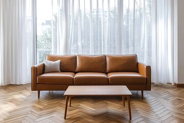 A minimalist, brown leather sofa and a mid century modern interior in the living room with a table and a window view. Generative AI
