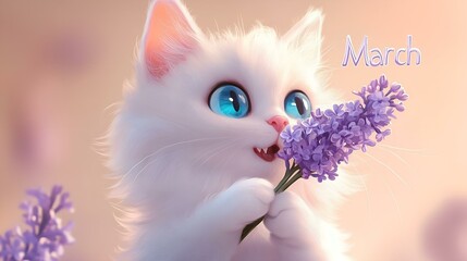  White fluffy cat with bright blue eyes holding a purple lilac flower, with the word March on a soft pastel background.