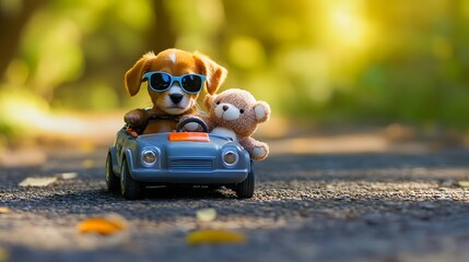 A puppy wearing tiny sunglasses driving a toy car with a stuffed animal as its passenger.