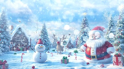 a scene with Santa, a snowman, and reindeer in a playful winter. Seamless looping time-lapse virtual 4k video animation background