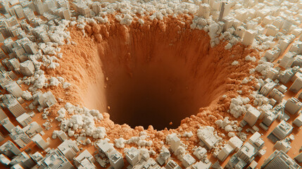 Massive sinkhole emerges in urban area digital art render surreal environment aerial view catastrophic event impacting city life
