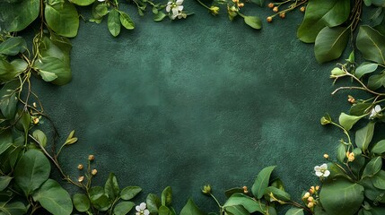 A rich green background with leaves twigs and flowers forming a wreath-like border around the empty middle.
