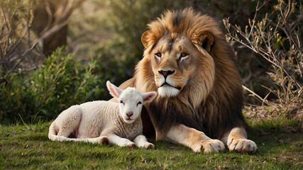 Lion and lamb together outdoors in a peaceful setting, symbolizing Christian faith, the Lamb of God concept, and biblical scripture teachings of harmony and gospel inspiration.
