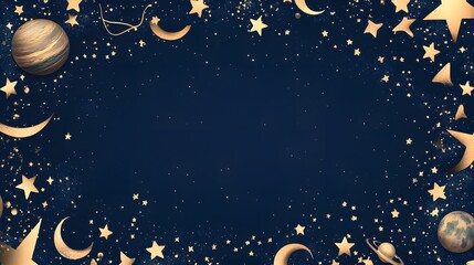 A rich navy blue background bordered with shiny golden stars moons and planets leaving the center empty.