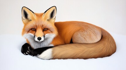 Fototapeta premium A realistic, artistic depiction of a fox resting peacefully, showcasing its vibrant orange fur and expressive eyes.