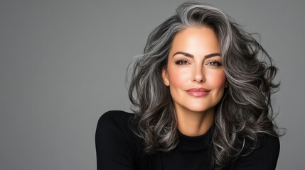 A woman with gray hair is smiling and posing for a picture. She is wearing a black shirt and has her hair in a messy bun. Concept of confidence and self-assurance