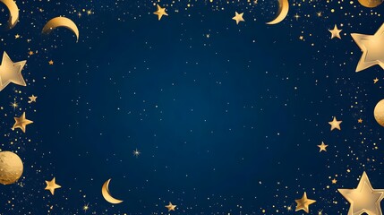 A rich navy blue background bordered with shiny golden stars moons and planets leaving the center empty.
