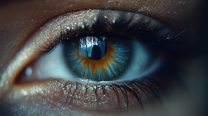 Close-up of a woman's hazel eye with glitter makeup.